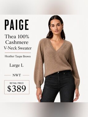 PAIGE Thea 100% Cashmere V-Neck Sweater Heather Taupe Brown Size L NWT